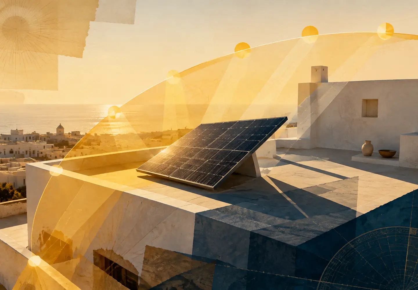 Plano fotovoltaico sobre una azotea blanca atravesado por un arco translúcido de posiciones solares